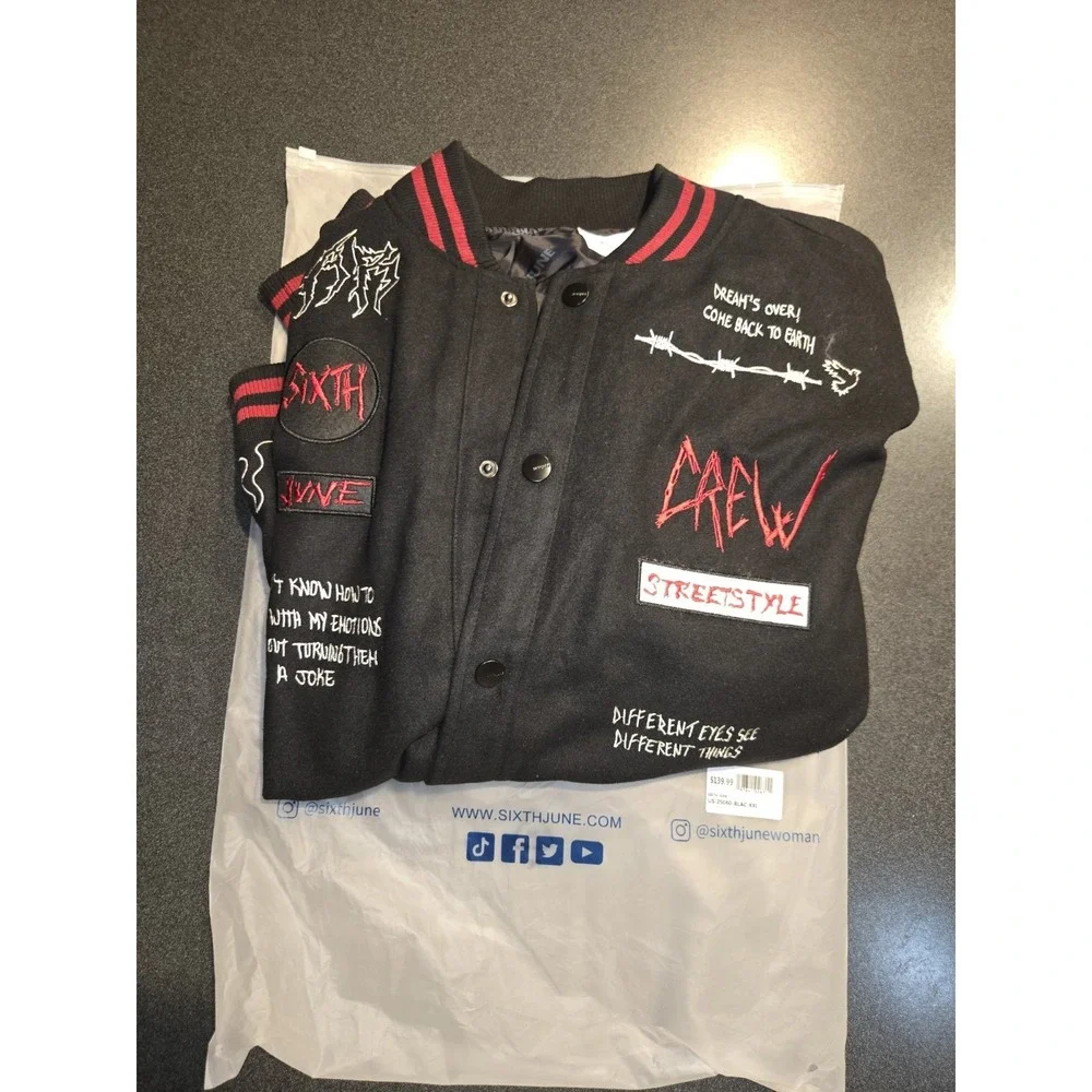 Sixth June Varsity Jacket 2XL NWT Black Embroidered Flames Streetwear